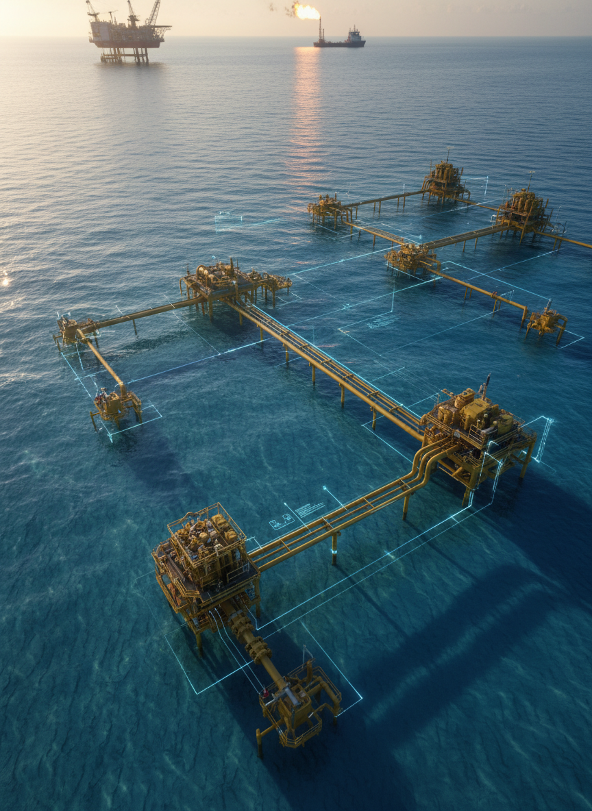 A subsea field visualization from above the ocean surface, looking down through calm, deep-blue water to reveal a network of golden-yellow subsea manifolds, flowlines, and umbilicals on the seafloor. Transparent overlay lines suggest data connections and design schematics, subtly integrated without readable text. A distant offshore platform and a small service vessel appear at the top edge, softly out of focus, anchoring the context. Late afternoon sunlight glints off gentle waves, while the subsea equipment is rendered in crisp, photographic detail with realistic shadows on the seabed. The mood is controlled and visionary, conveying large-scale marine engineering design. Slightly elevated, wide-angle composition with strong depth, blending realistic photography with subtle technical visualization elements.