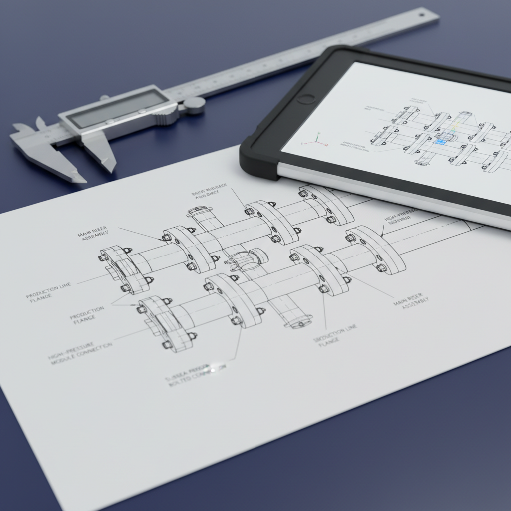 A high-resolution close-up of a detailed engineering CAD drawing printed on crisp white paper, showing a complex subsea structure with annotated cross-sections, flanges, and bolted connections. Around the drawing, precisely arranged tools—digital calipers, a stainless-steel scale, and a rugged tablet displaying a 3D render of the same structure—rest on a smooth navy-blue drafting table. Neutral, diffused studio lighting from above eliminates harsh shadows, emphasizing fine line work and technical notation. The mood is meticulous and analytical, highlighting precision engineering design. Photographic realism with a shallow depth of field keeps the central drawing and tablet in sharp focus while softly blurring the outer edges, creating a clean, professional image for an engineering services overview section.