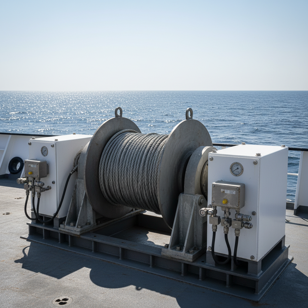 A precision-engineered marine winch assembly mounted on the aft deck of a specialist offshore vessel, captured in bright, clear daylight. The winch drum, high-strength steel cables, and hydraulic control units are rendered with meticulous attention to surface textures, painted marine-grade coatings, and stainless fasteners. In the background, the open ocean extends to the horizon under a pale blue sky, with subtle reflections of sunlight on the water. The lighting is crisp and directional, highlighting edges and casting defined but soft shadows under the machinery. The atmosphere is confident and robust, reflecting reliability in harsh marine environments. Photographic realism, medium-wide shot from a slightly elevated angle, clean composition emphasizing the equipment while keeping the deck and sea as an uncluttered, professional backdrop.