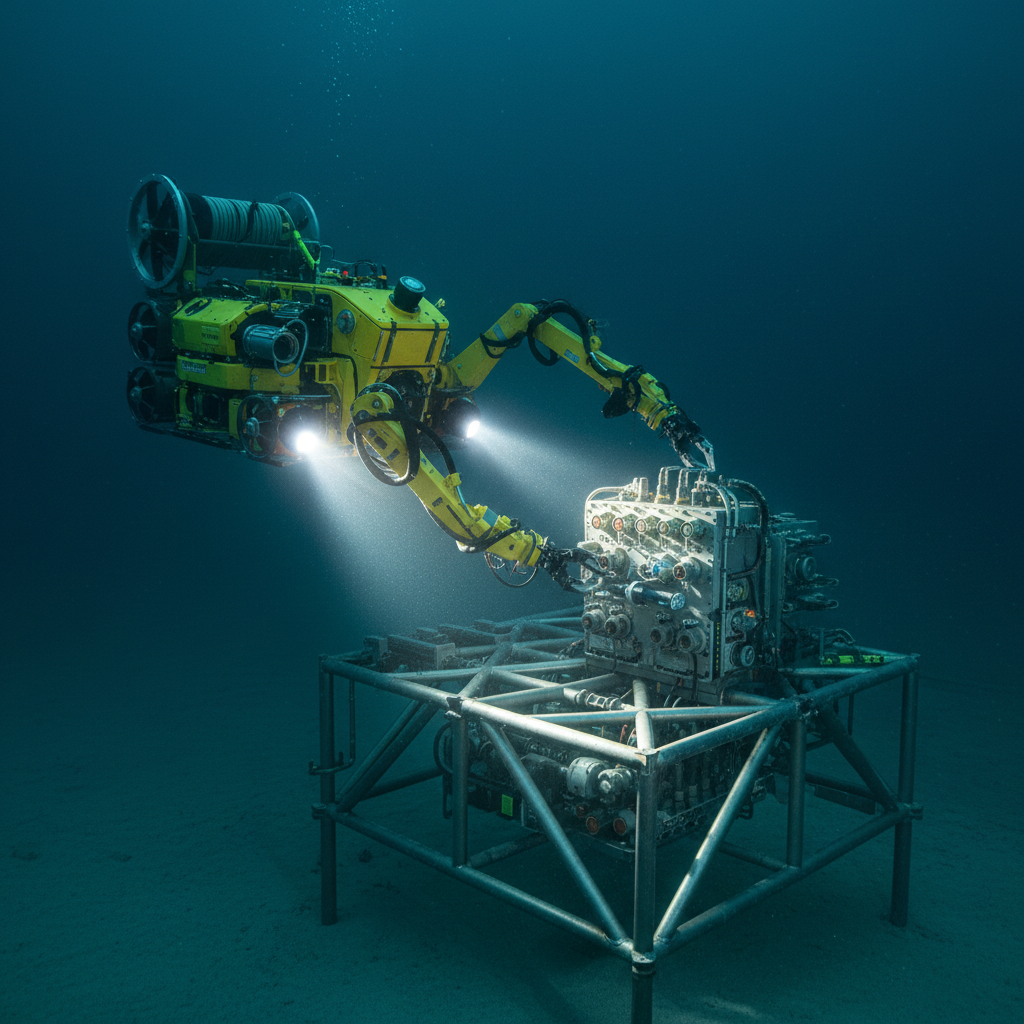 A robust, photorealistic subsea ROV (remotely operated vehicle) in vibrant safety yellow hovering just above a structured steel subsea template on the seabed. The ROV features clearly defined thrusters, tether management, and manipulator arms poised near a panel of standardized subsea connectors and valves. The surrounding environment is a deep teal underwater scene with suspended particles, illuminated by the ROV’s bright white work lights, which cast focused beams and sharp-edged shadows across the structure. The mood is technical, purposeful, and dependable, evoking advanced subsea intervention and design capability. Captured from a slightly low angle at mid-distance, with the ROV offset by the rule of thirds, emphasizing both machine detail and engineered seabed infrastructure in clean, photographic realism.