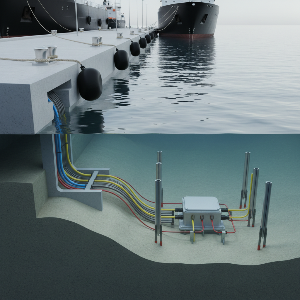 A cutaway-style photographic visualization of a harbor scene showing both above and below the waterline. Above, a clean, modern quay with mooring bollards and fenders lines the edge; below, intricately detailed subsea infrastructure includes a cable landing, cathodic protection systems, and a small subsea junction box anchored on the seabed. Precise, color-coded conduits and brackets convey engineered order without readable labels. Overcast daylight creates soft, diffused lighting, reducing glare on the water surface and ensuring clear visibility of underwater elements. The mood is controlled and informative, ideal for illustrating coastal and marine infrastructure design services. Shot in a wide, cross-sectional composition, with sharp focus throughout and a calm, professional photographic aesthetic.